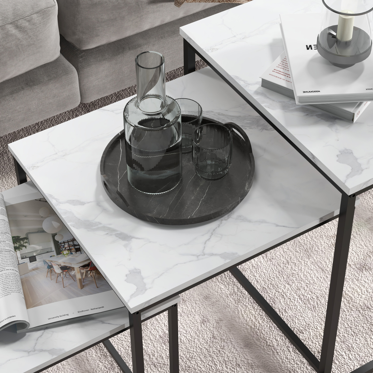 3-Piece Nesting Coffee Tables Set - White Marble Finish