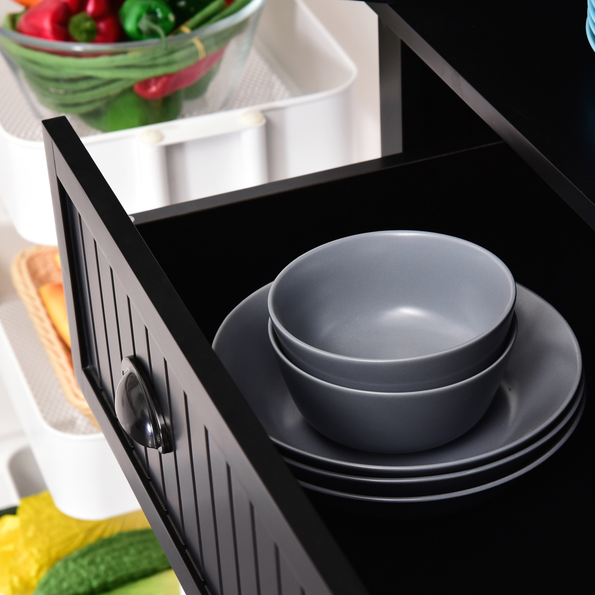 Stylish Black Freestanding Kitchen Storage Cabinet with Drawers & Shelves