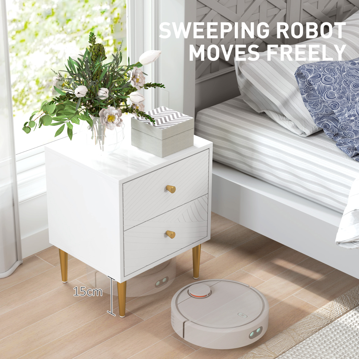 Chic White Nightstand with Gold Handles & Ample Drawer Storage