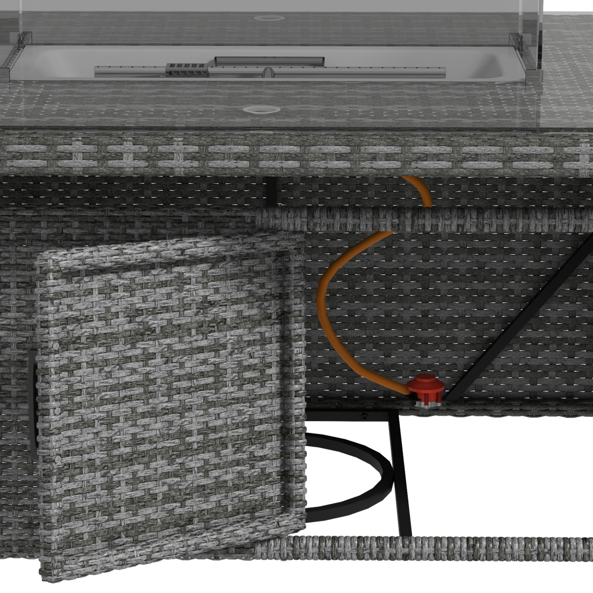 Gray PE Rattan Dining Set with Fire Pit Table & Cushioned Armchairs