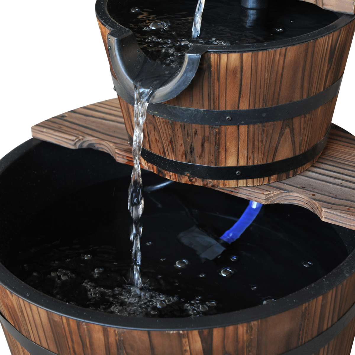 Two-Tier Fir Wood Water Pump Fountain - Steel Accents