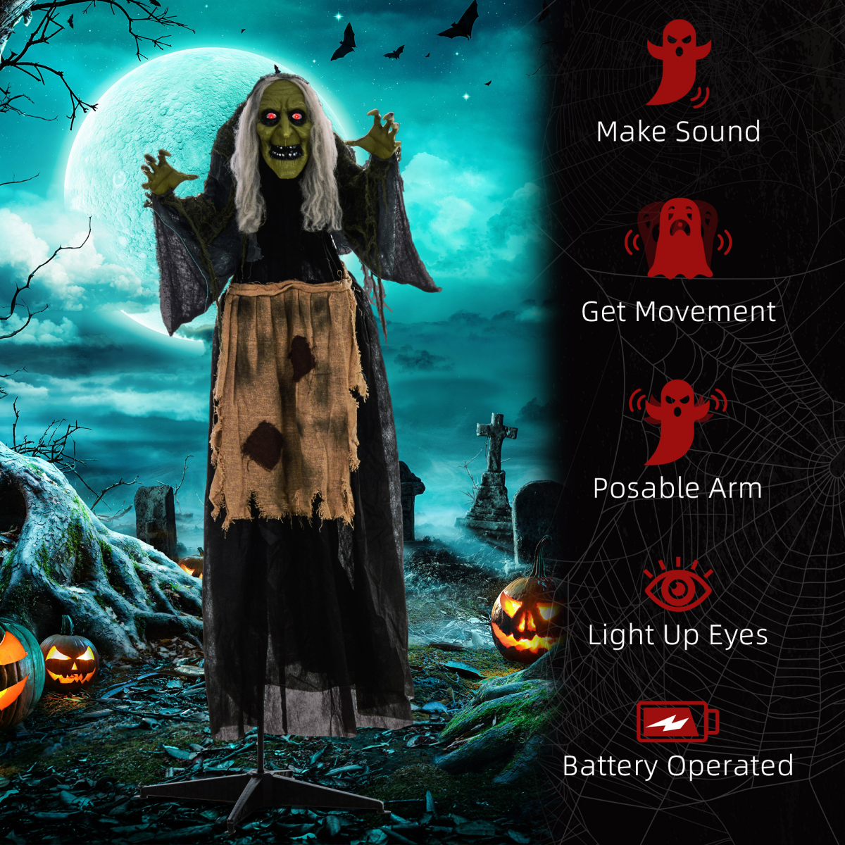 Sound-Activated Witch Animatronic Prop with Moving Head & Glowing Eyes