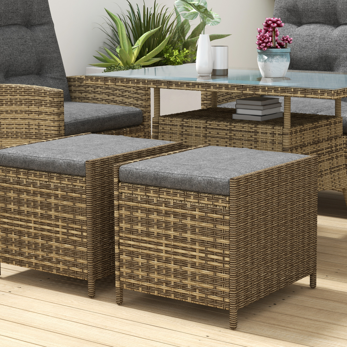 6-Piece Rattan Outdoor Table & Chairs Set with Cushions, Grey
