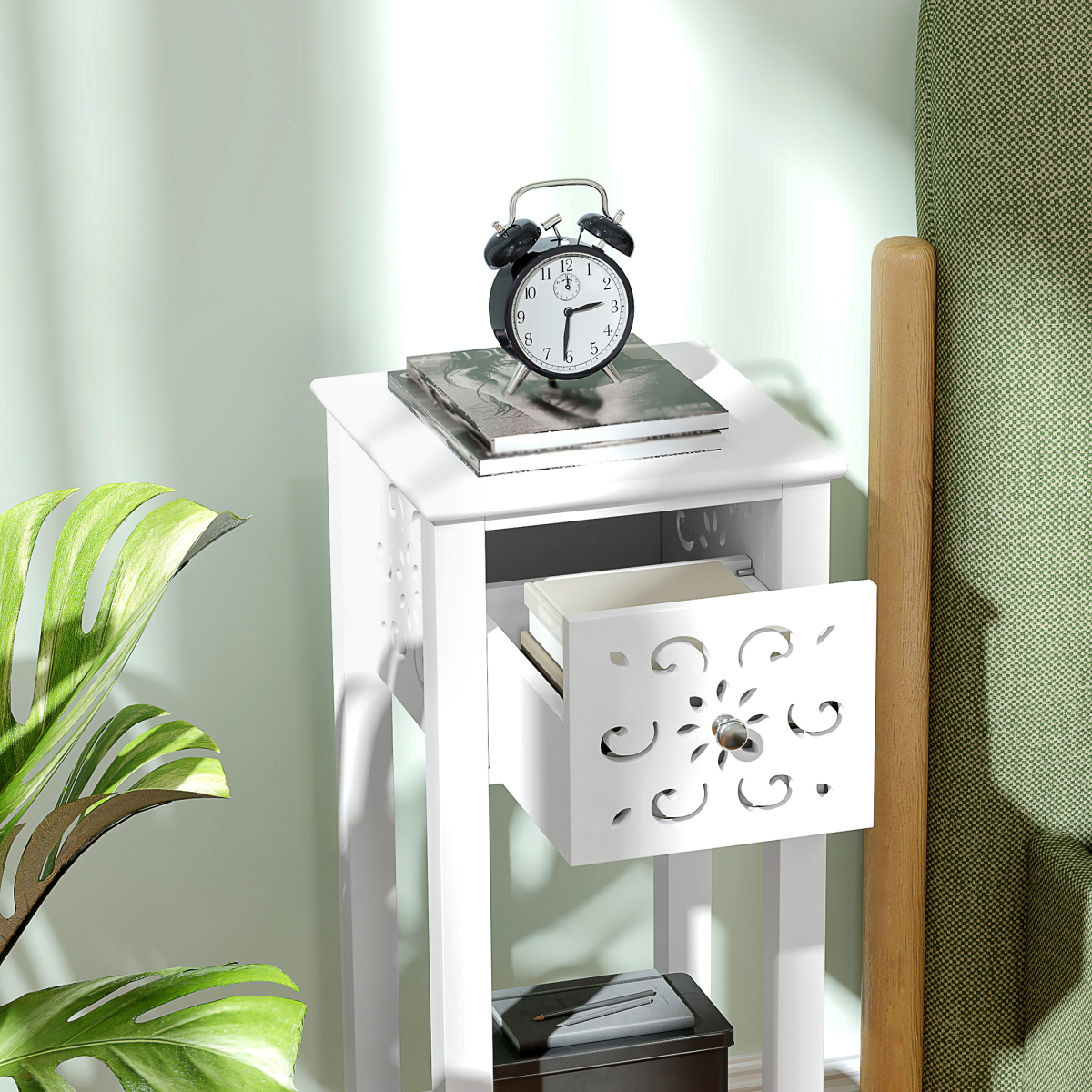 Elegant Floral Cut-Out Bedside Table Set with Drawer & Storage - White
