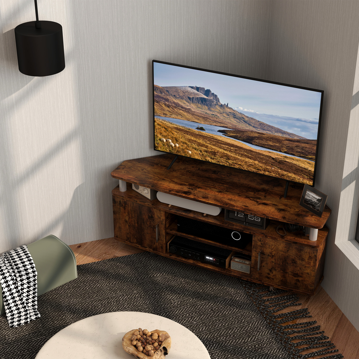 Rustic Brown TV Unit Cabinet with Storage & Shelves - Stylish & Functional!