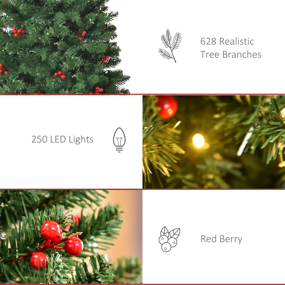 6ft Prelit Artificial Pencil Christmas Tree - Warm White LED, Red Berry Accents