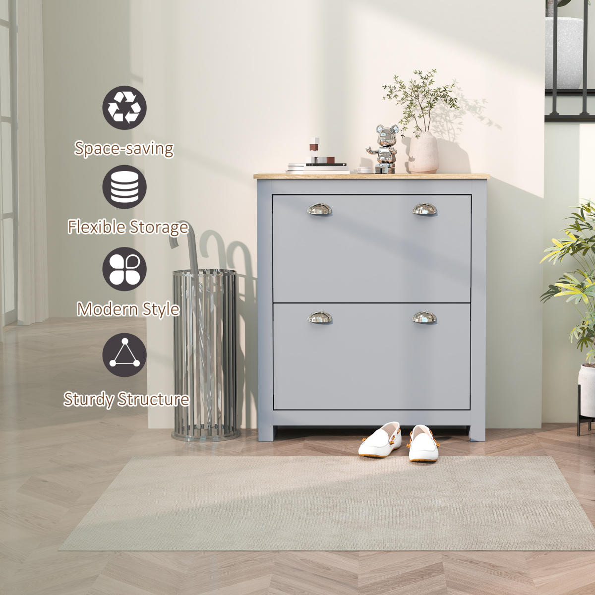 Stylish 2-Drawer Shoe Cabinet with Flip Doors - Space-Saving Grey Design