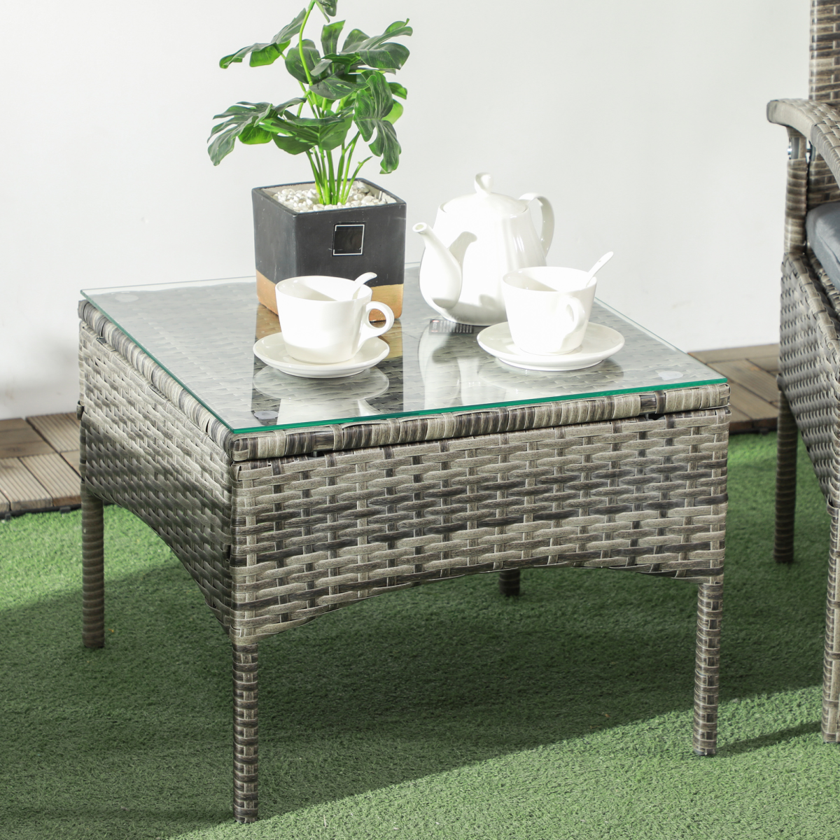 3-Piece Grey Rattan Bistro Set - Table & 2 Chairs
