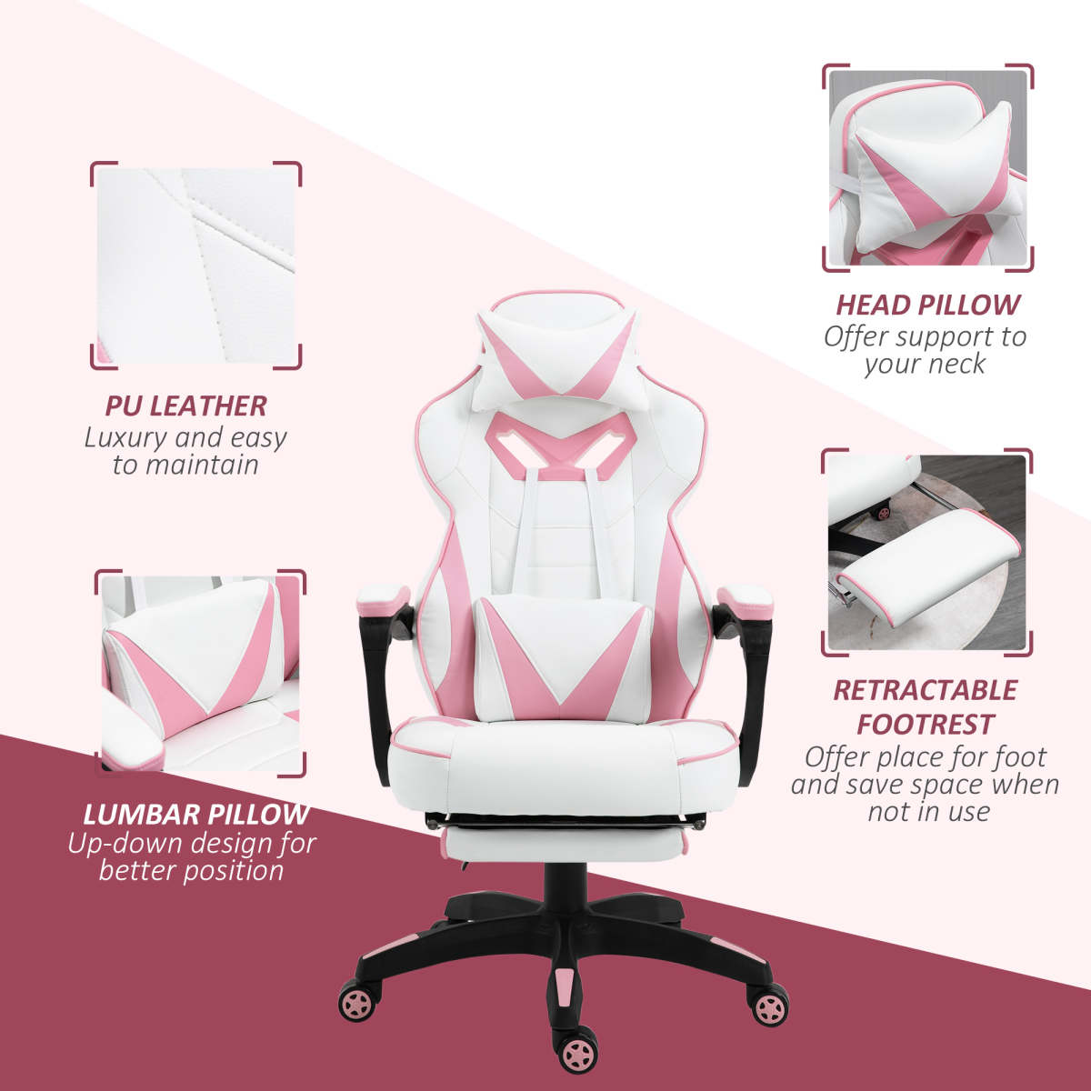 Ergonomic Gaming Chair with Wheels & Manual Footrest, Pink Faux Leather