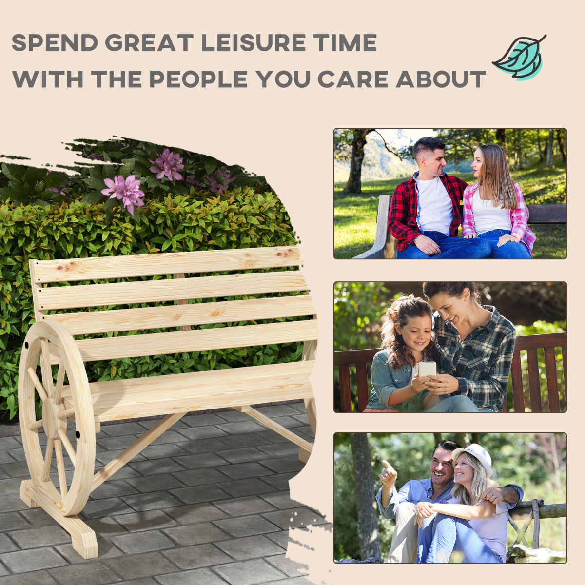 2-Seater Garden Bench with Wagon Wheel Armrests - Natural Fir Wood