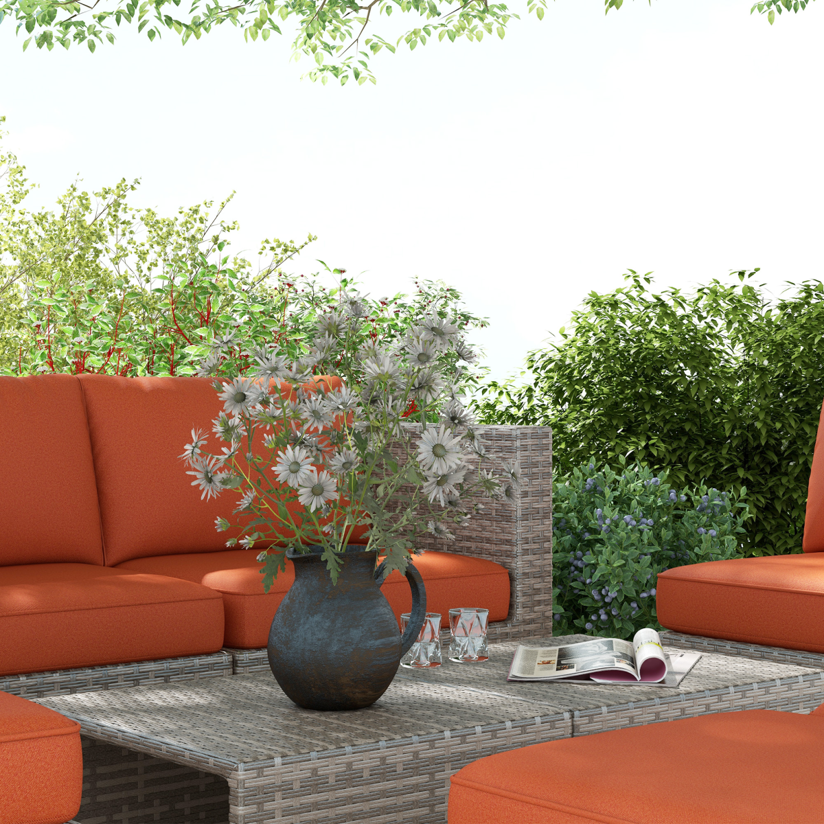 8-Piece Orange Wicker Patio Set - Weather-Resistant Rattan