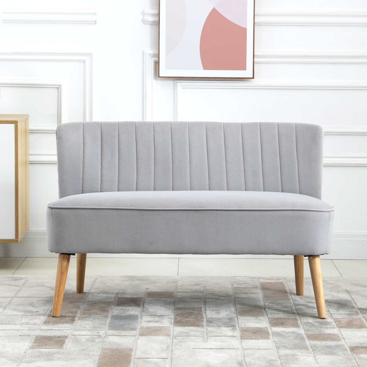 Velvet Double-Seat Loveseat Sofa with Wooden Legs - Grey