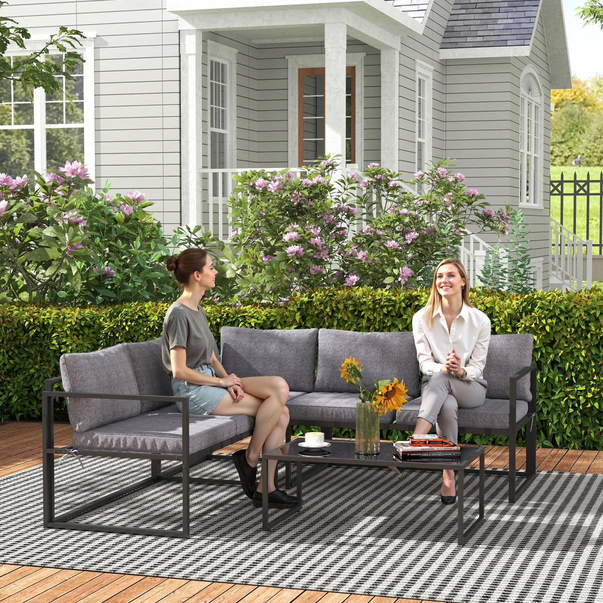 Grey 3-Piece L-Shaped Garden Furniture Set with Cushions & Glass Table