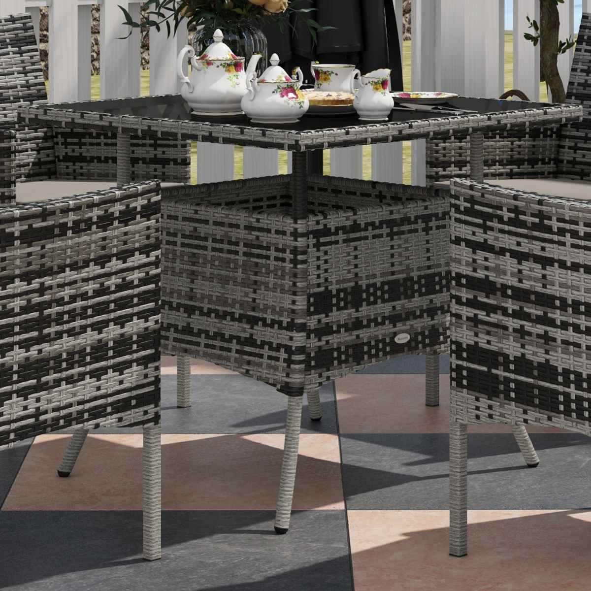 4-Piece Rattan Garden Set with Tempered Glass Table - Grey