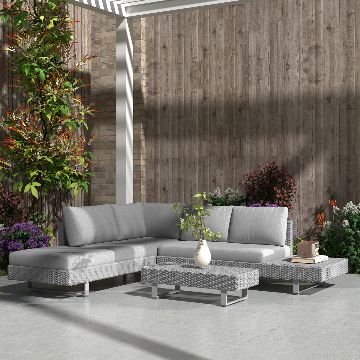 3-Piece Rattan Sofa Set with Tea Table & Cushions, Light Grey