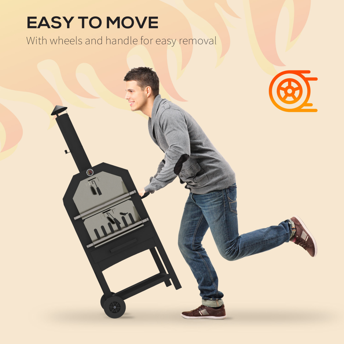 Outdoor Pizza Oven & Charcoal Grill with Rain Cover, Shelf & Wheels