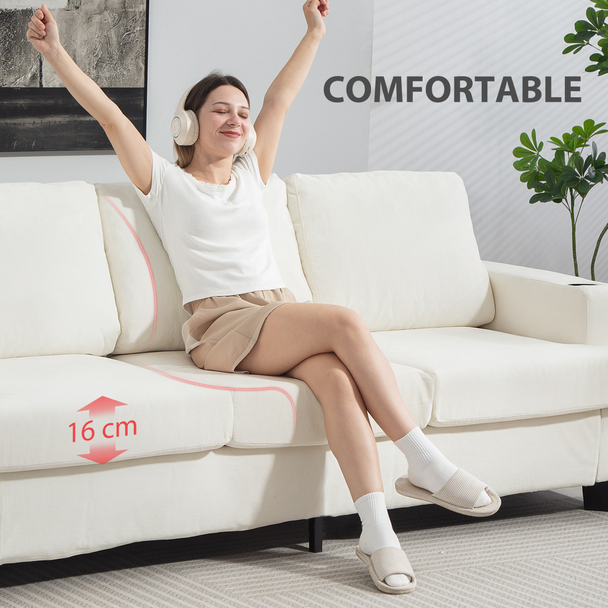 Cozy 3-Seater Sofa with USB Ports & Cup Holders - Cream Chenille Bliss