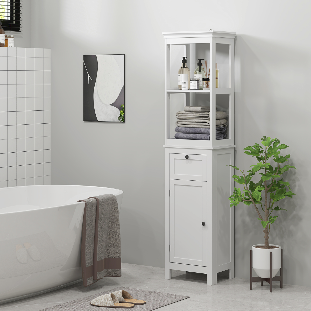 Slim Stylish Bathroom Storage Cabinet - Open Shelves & Drawer