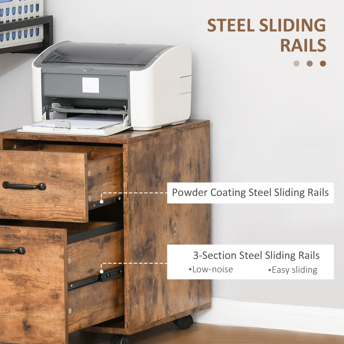 Vintage Wooden Roll File Cabinet with Dual Drawers & Smooth-Glide Wheels