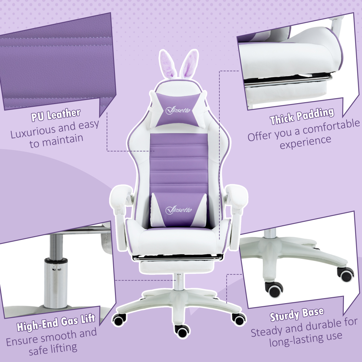 Vinsetto Racing Style Gaming Chair with Footrest & Removable Ears, Purple