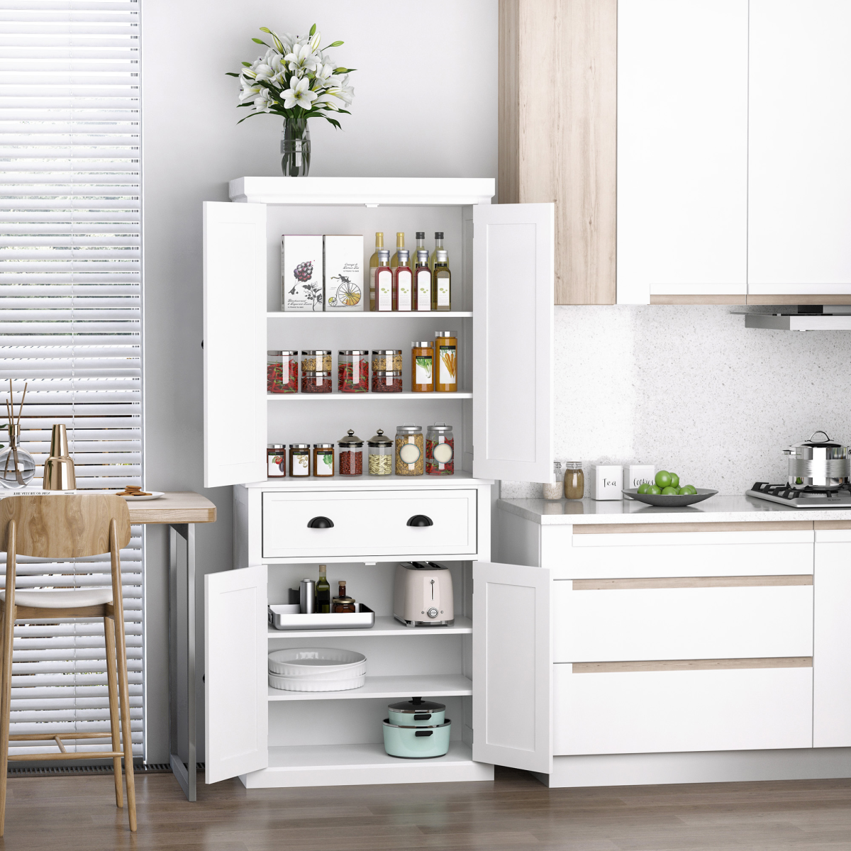 Elegant MDF Freestanding Kitchen Pantry Cabinet - Maximize Storage in Style