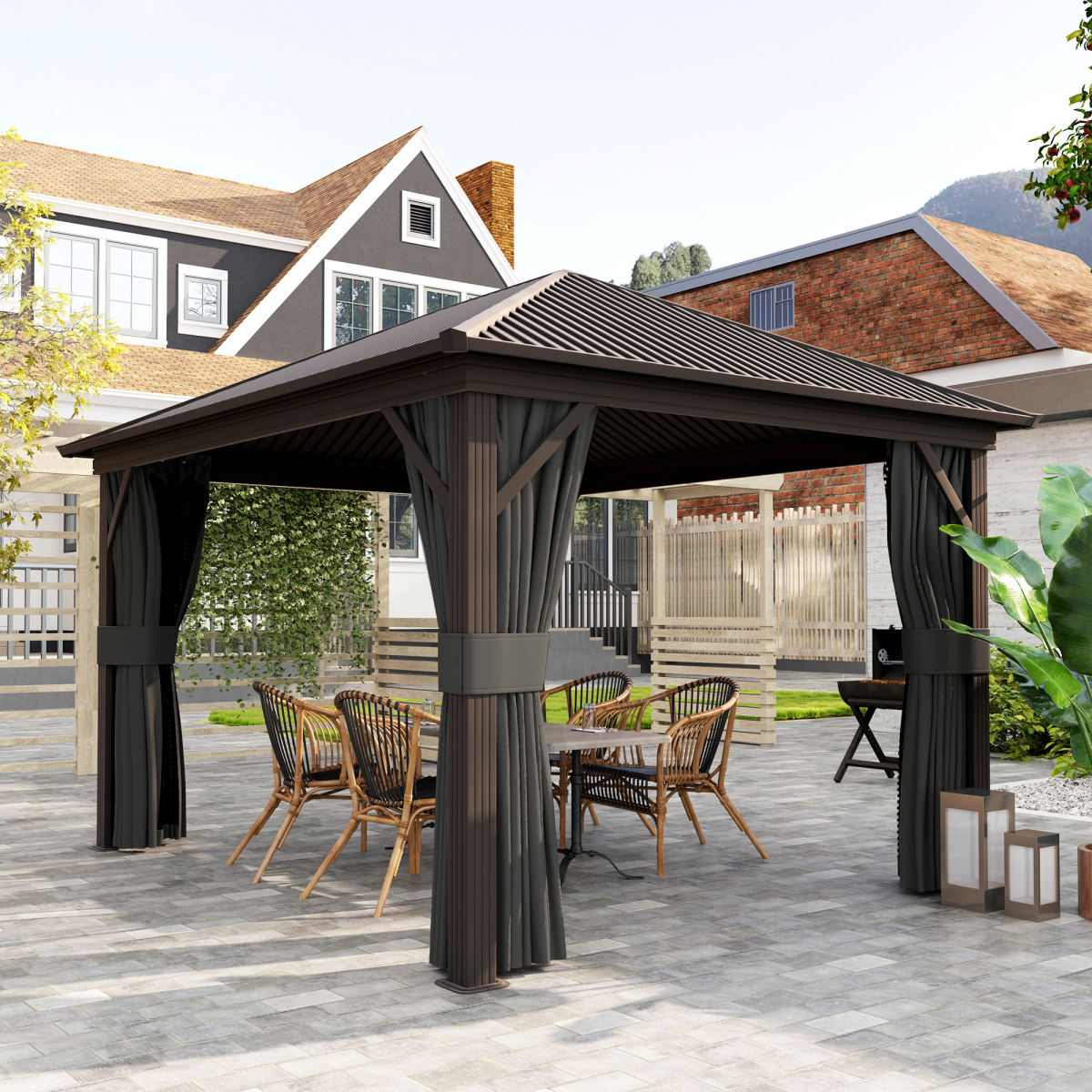 3.6x3m Metal Gazebo with Hardtop & Screened Curtains, Dark Grey