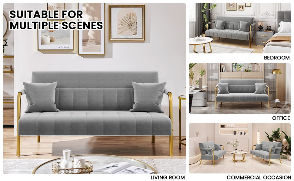 Sofa Couch Modern Velvet 143cm Loveseat with Gold-tone Metal Arms & Legs, Upholstered Design, Includes 2 Pillows