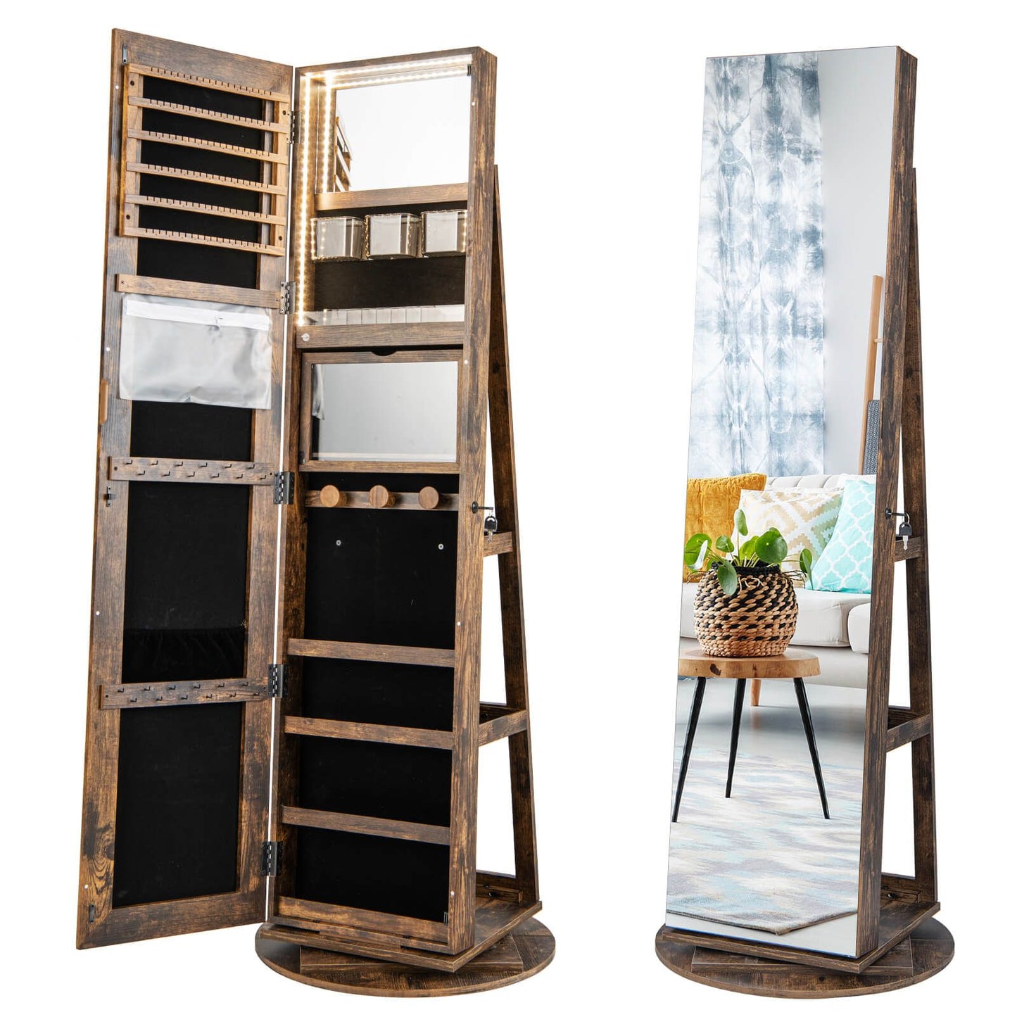 360-Degree Mirrored Jewelry Armoire with 3-Color Auto-On LED Lights
