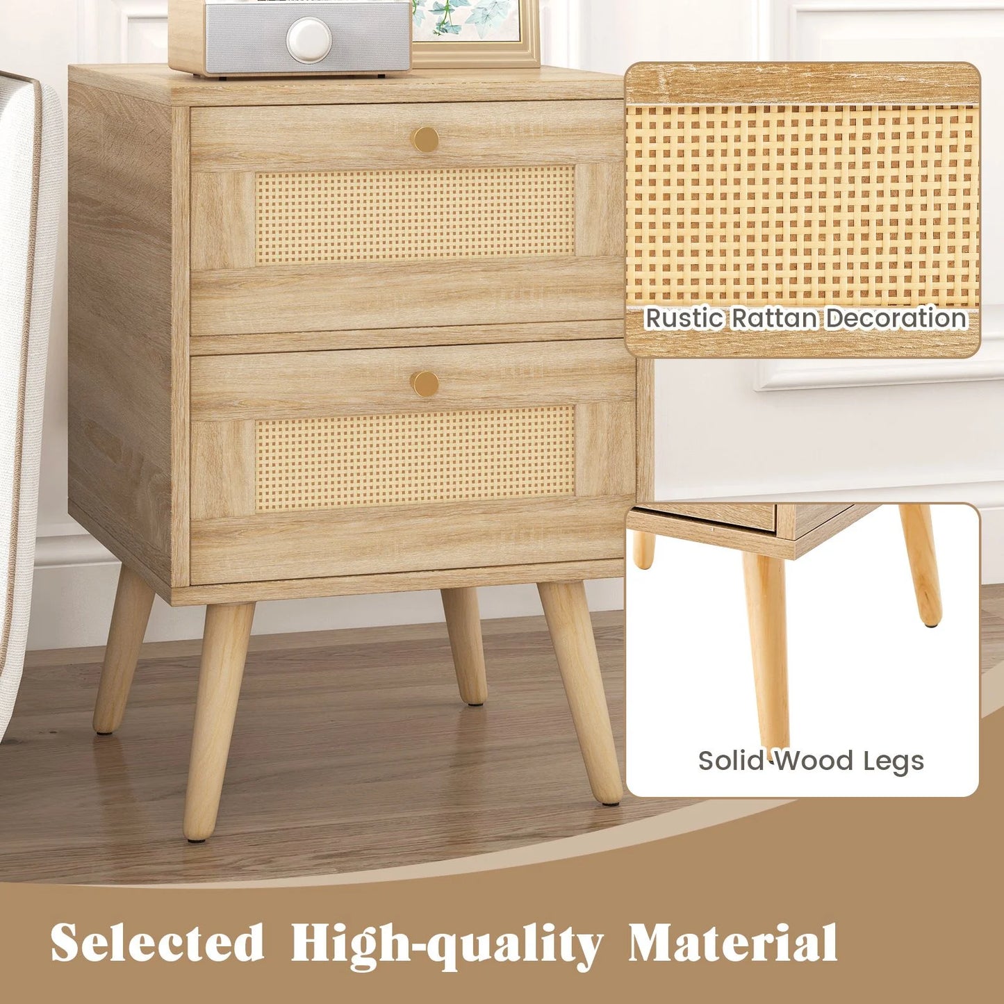 Boho Accent Rattan Nightstand Bedside Table with 2 Storage Drawers