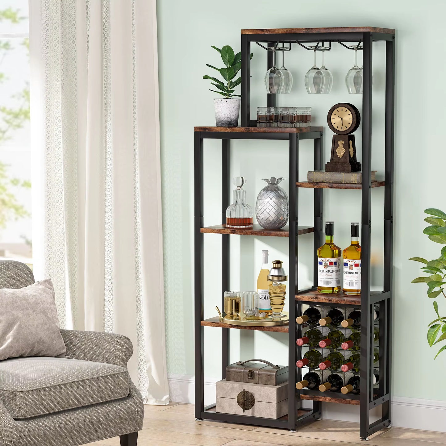Stylish 5-Tier Freestanding Wine Rack with Glass Holder - Industrial Wine Storage & Display Shelf