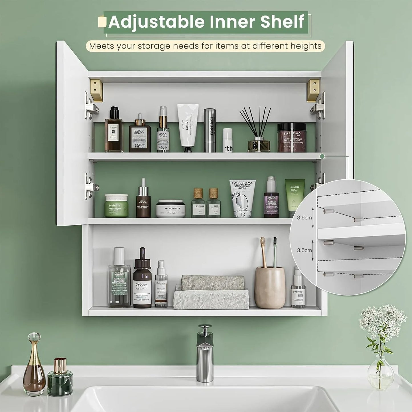 Sleek White Double Door Wall-Mounted Mirror Cabinet with Open Shelf & Adjustable Storage
