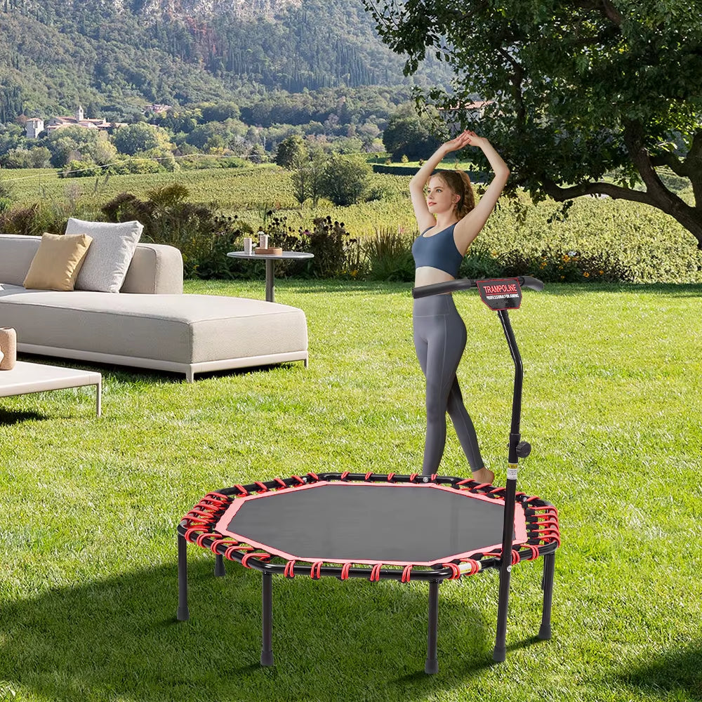 51 Inch Black Red Octagonal Garden Trampoline Fitness Trampoline with Adjustable T-Bar Handle for Kids Adults