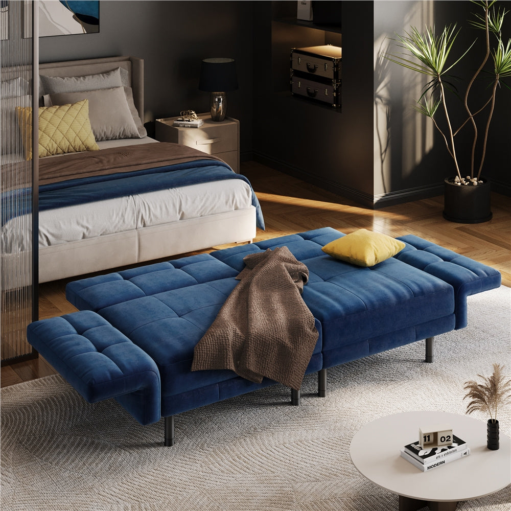 Velvet Sofa 2-Seater Convertible Sofa Bed, Fabric Upholstered Futon Couch Sleeper with 4 Pillows, Angle-Adjustable Armrests & Backrest