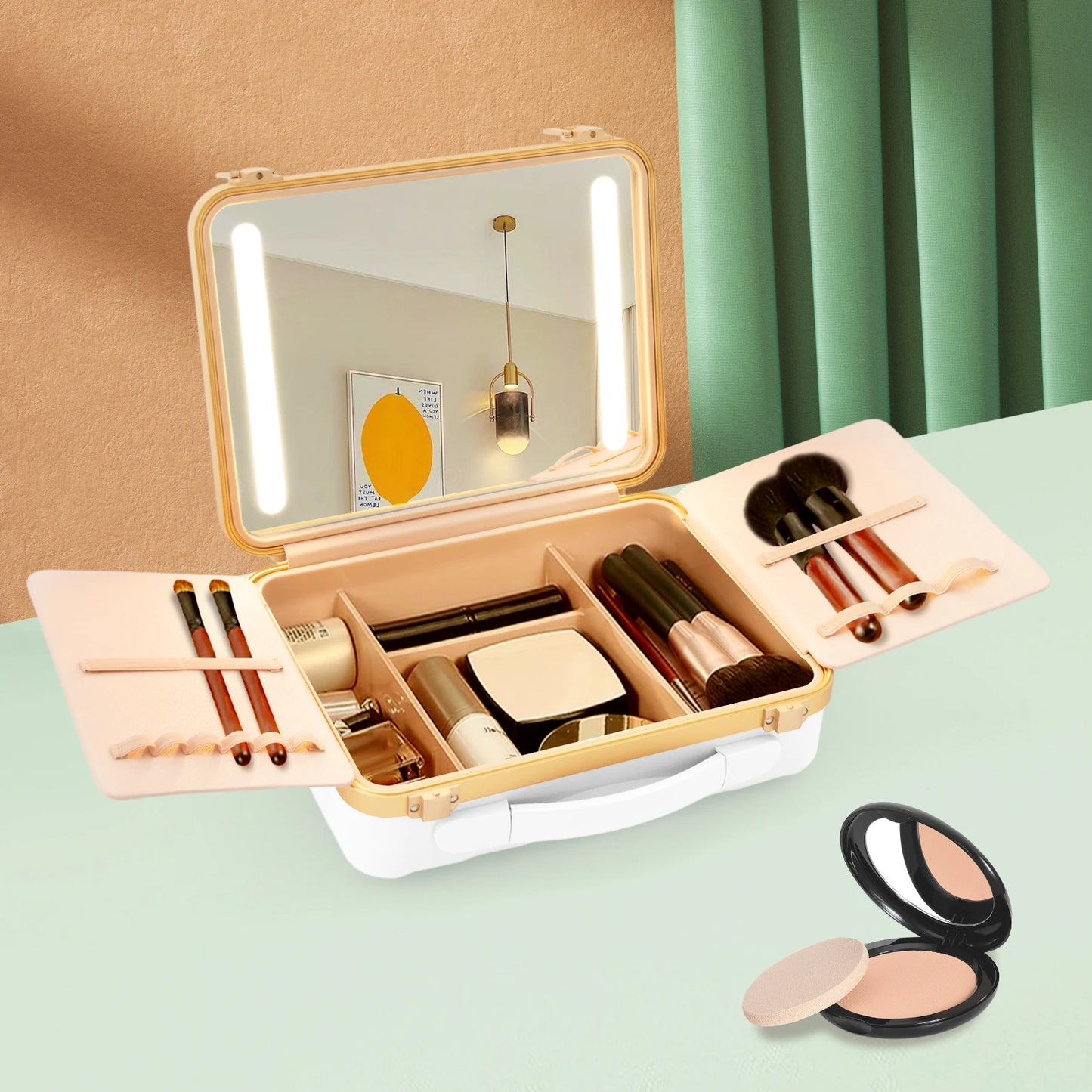 Travel Makeup Case with LED Mirror, Comfortable Handle, Portable Battery Powered Makeup Storage Box