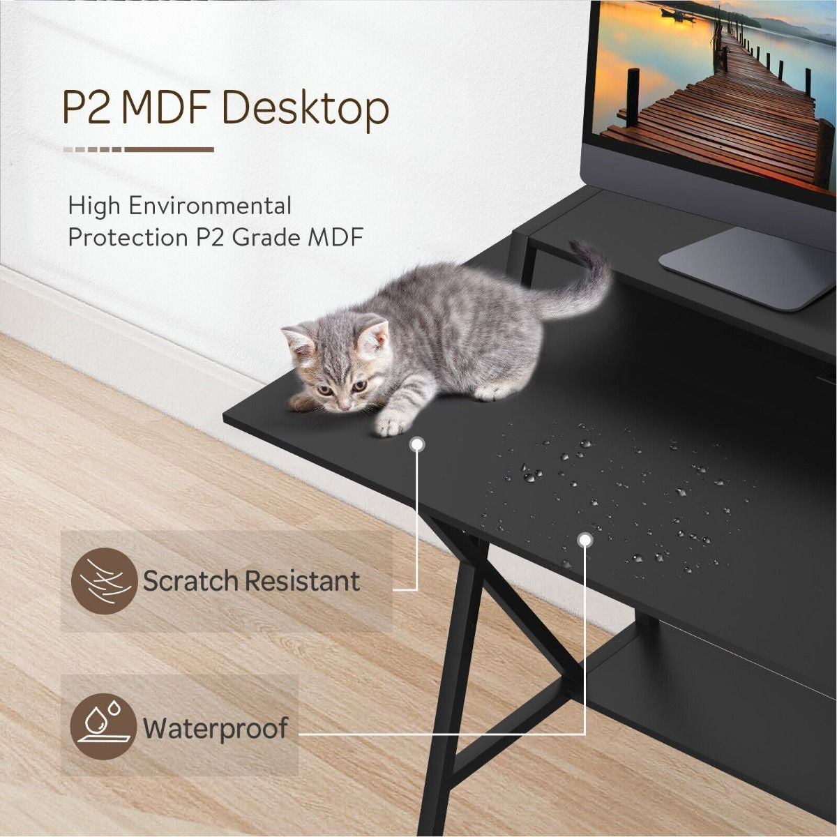 Ergonomic Gaming Computer Desk with Cup Holder and Monitor Riser