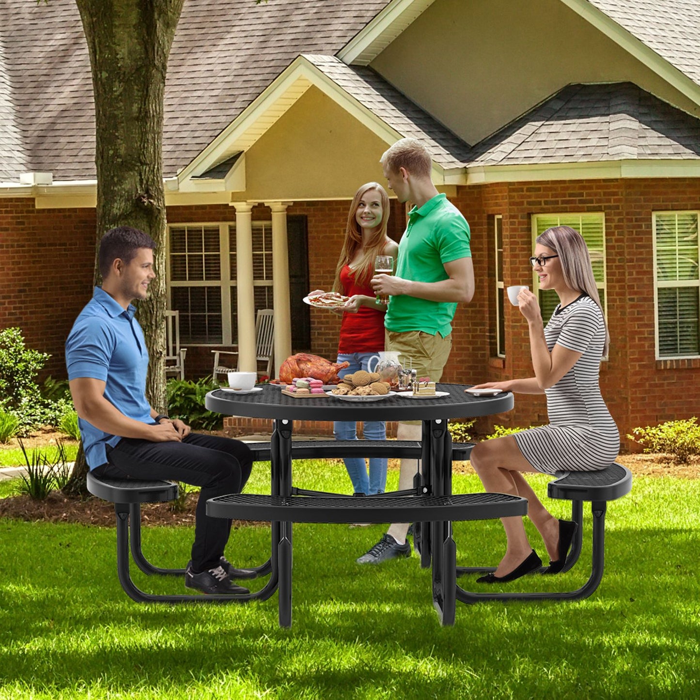 Outdoor round Picnic Table and Bench Set for 8 with Seats and Umbrella Hole