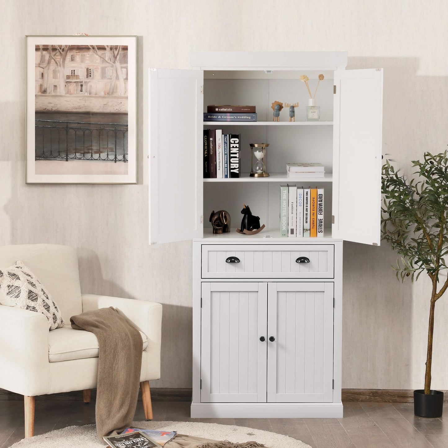 4-Door Tall Kitchen Cupboard Adjustable Shelves and Drawer