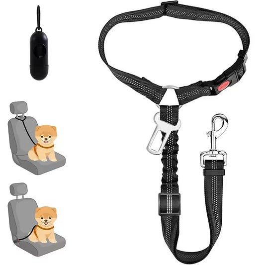 Adjustable Pet Car Seat Belt Restraint with Elastic Bungee for Dog Harness and Reflective Leash for Safe Vehicle Travel