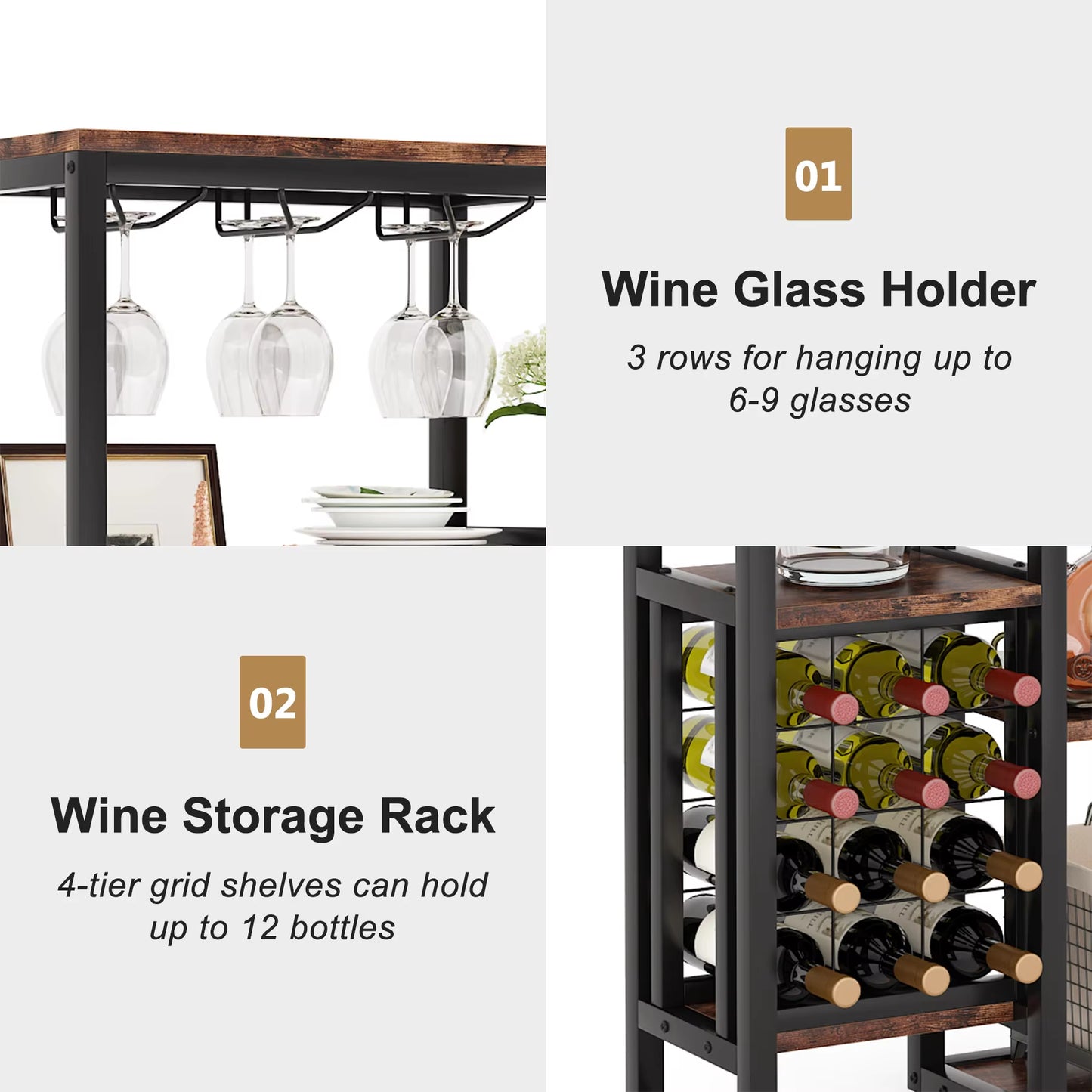 Stylish 5-Tier Freestanding Wine Rack with Glass Holder - Industrial Wine Storage & Display Shelf