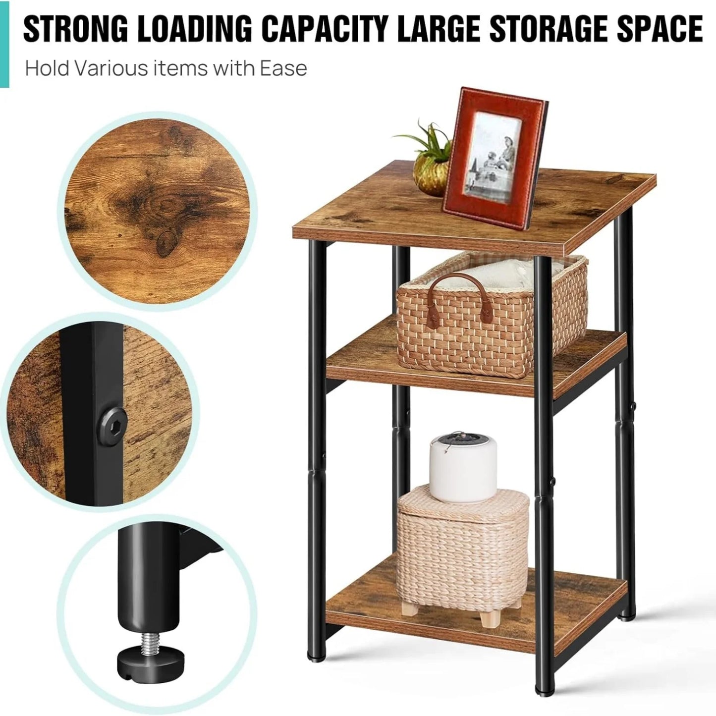 BRIEFNESS Side Table with Shelf 3 Tier Slim End Table Narrow Side Table Coffee Table Nightstand Living Room Table Brown