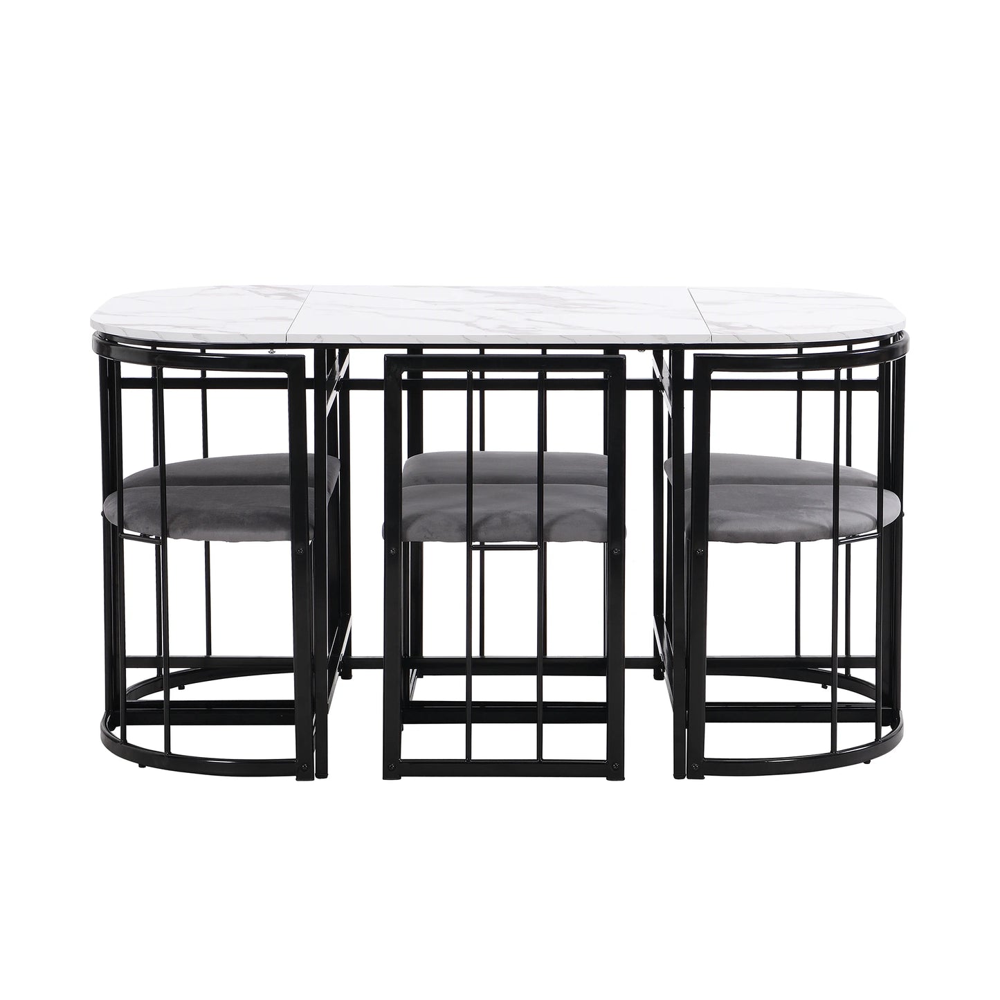 Stylish Six Chair Dining Table Set – Modern White with Upholstered Chairs and Iron Frame