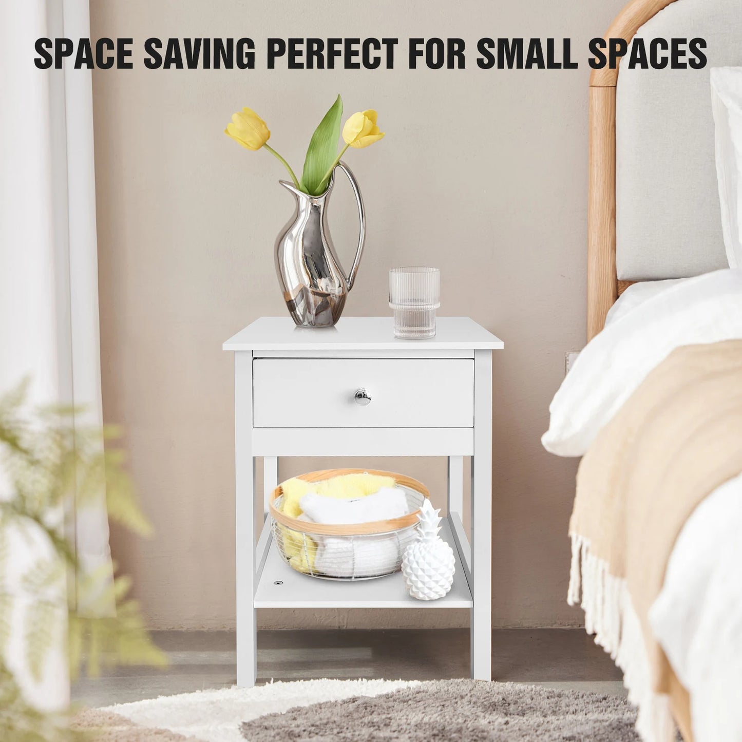 White Bedroom Bedside Cabinet with 1 Drawer and Open Shelf, Wooden Storage Unit Nightstand Table for Living Room Bathroom