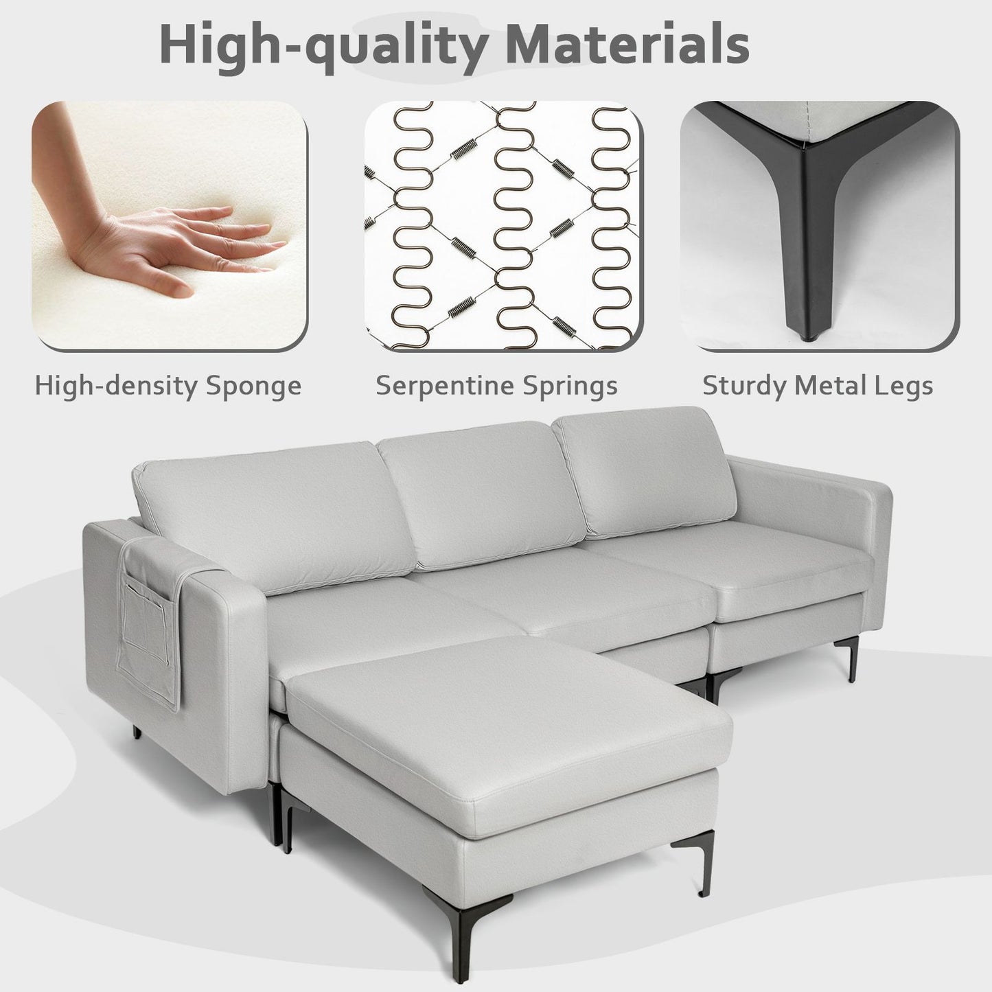 Stylish Modular L-Shaped Sofa with Reversible Ottoman & Convenient Built-In Socket