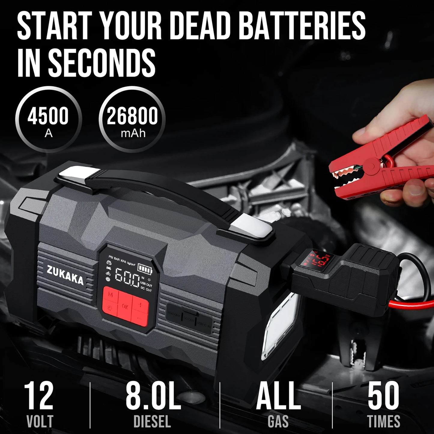 6000A Car Jump Starter with Air Compressor Battery Booster 12V Car Jump Starter Power Bank with LED Flashlight Smart Cable With