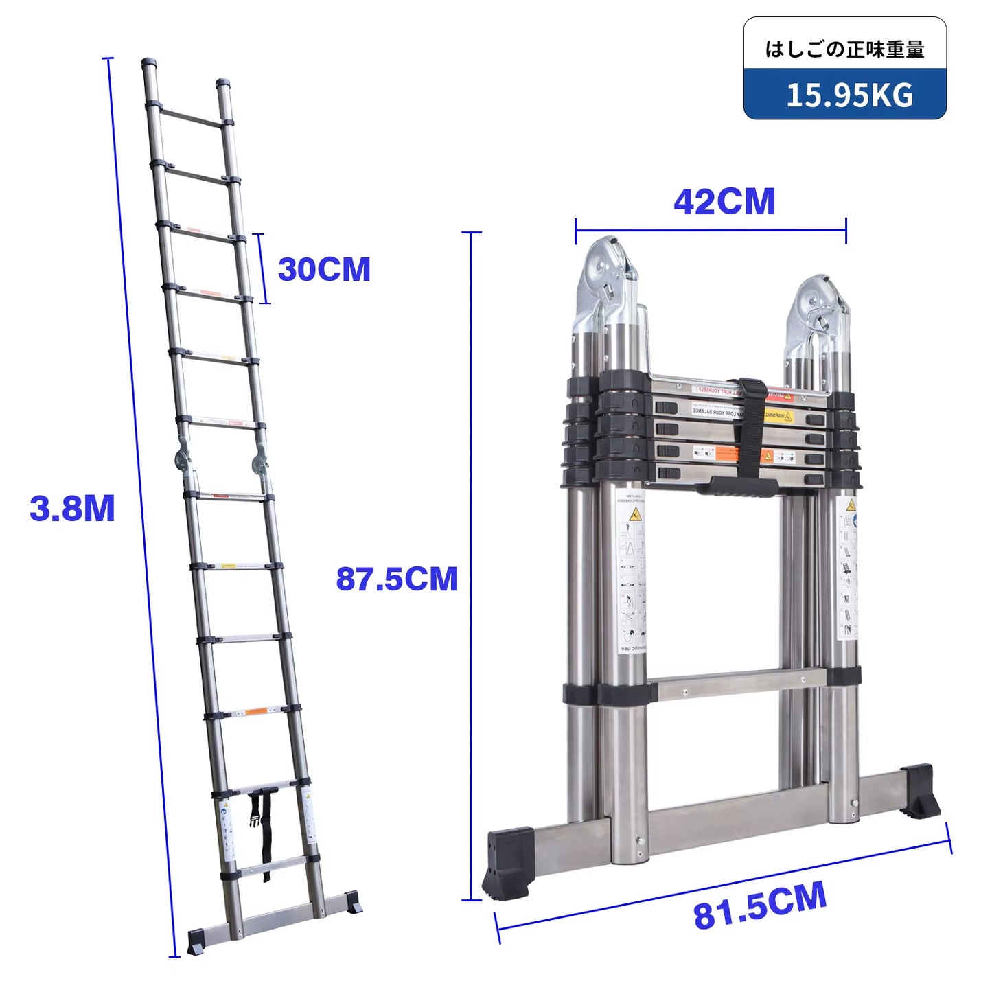 Telescoping Ladder, Portable Telescopic Extension 3.8M(1.9M+1.9M) Tall Multi Purpose Loft Ladder, Stainless Steel Frame Folding