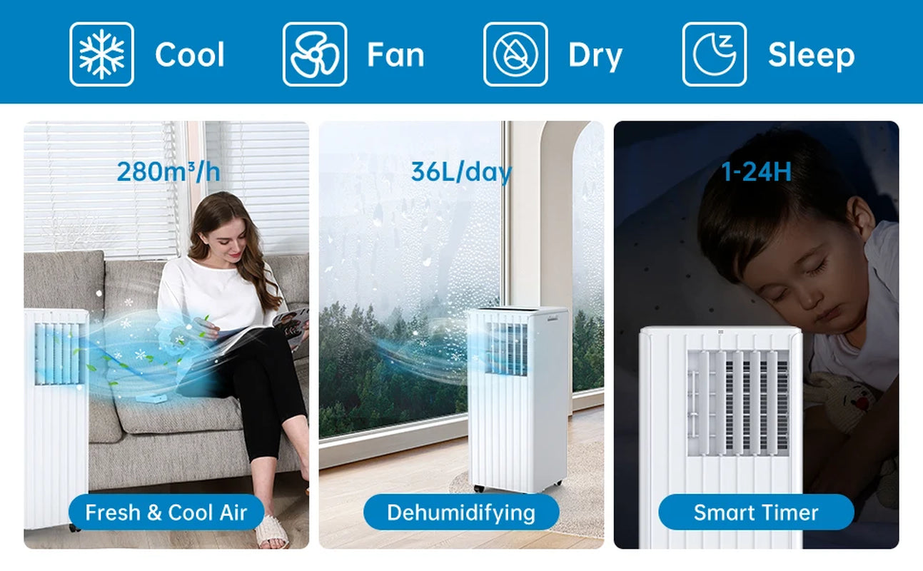 Air Conditioners 7000BTU 3 In1 Portable Air Conditioner Dehumidifier 42L/Day Cooler Fan with 2 Speeds Digital Display & Remote C