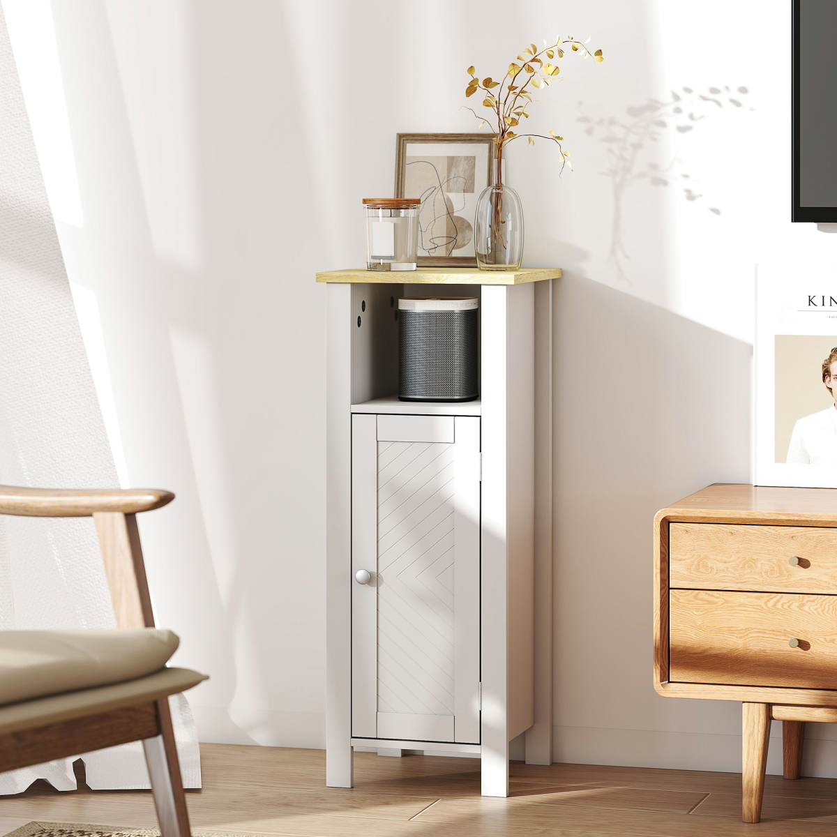 Sleek White Narrow Bathroom Storage Cabinet with Open Shelf & Two-Tier Cupboard