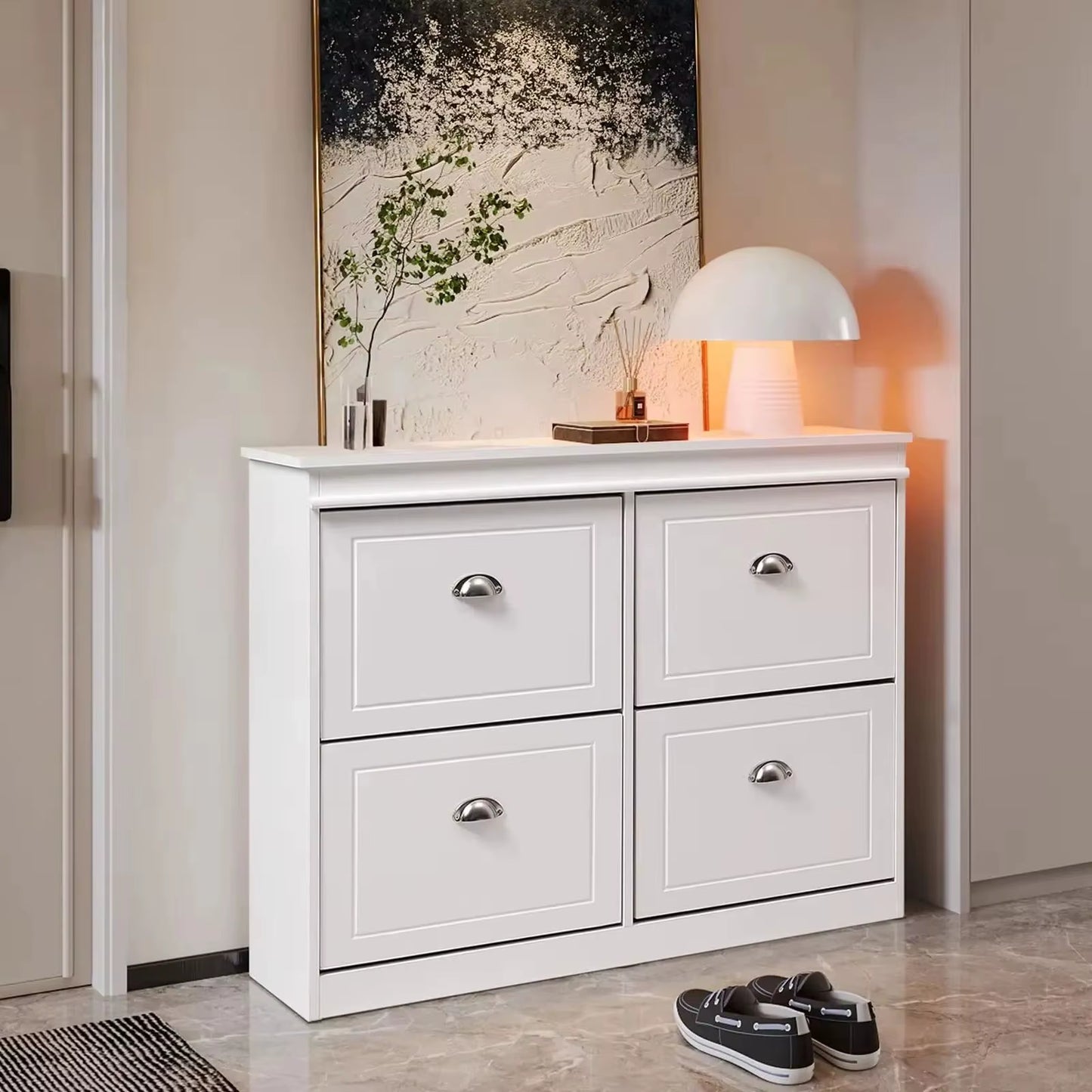 2 Tier White 4 Drawer Flip down Wooden Shoe Bench Cabinet