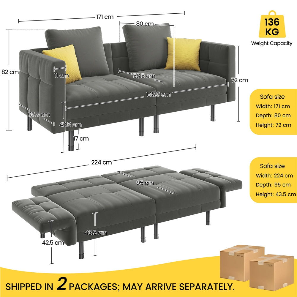Velvet Sofa 2-Seater Convertible Sofa Bed, Fabric Upholstered Futon Couch Sleeper with 4 Pillows, Angle-Adjustable Armrests & Backrest