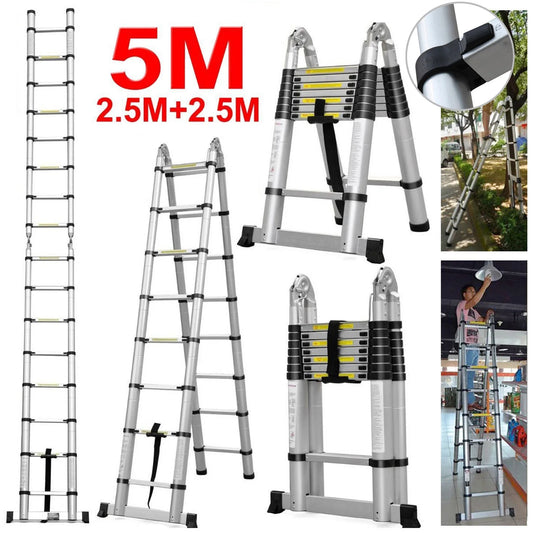 16.5Ft(8.2Ft+8.2Ft)/5M Multi-Purpose Telescopic Aluminium Ladder,Extendable Folding Ladder, Non-Slip Steps, 150 Kg Load Capacity